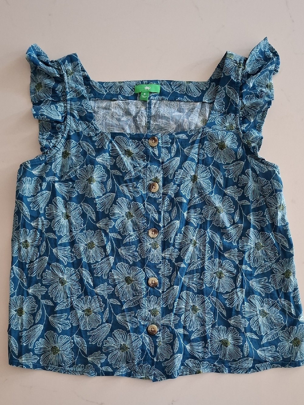 Dip Blue & White Floral Square-neck Flutter-sleeve Button-up Blouse (Size M)